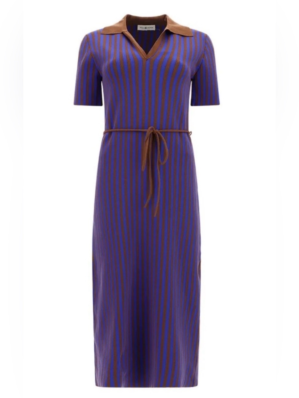 Tory Burch Chocolate Brown Soufflé Electric Blue Ink Striped Polo Midi Dress - Picture 15 of 15